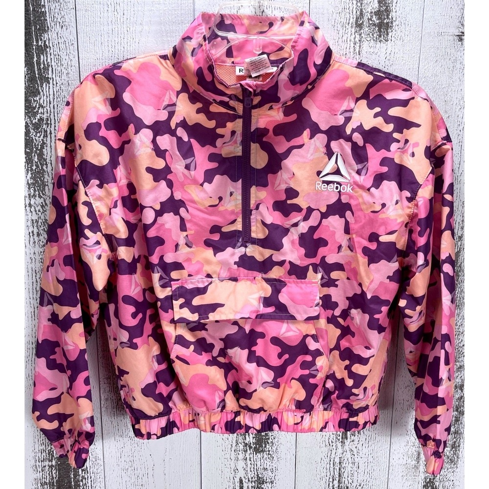 Reebok Girls Size 7/8 Pink Camo Half Zip Windbreaker Jacket REG221OW01 Mesh Line